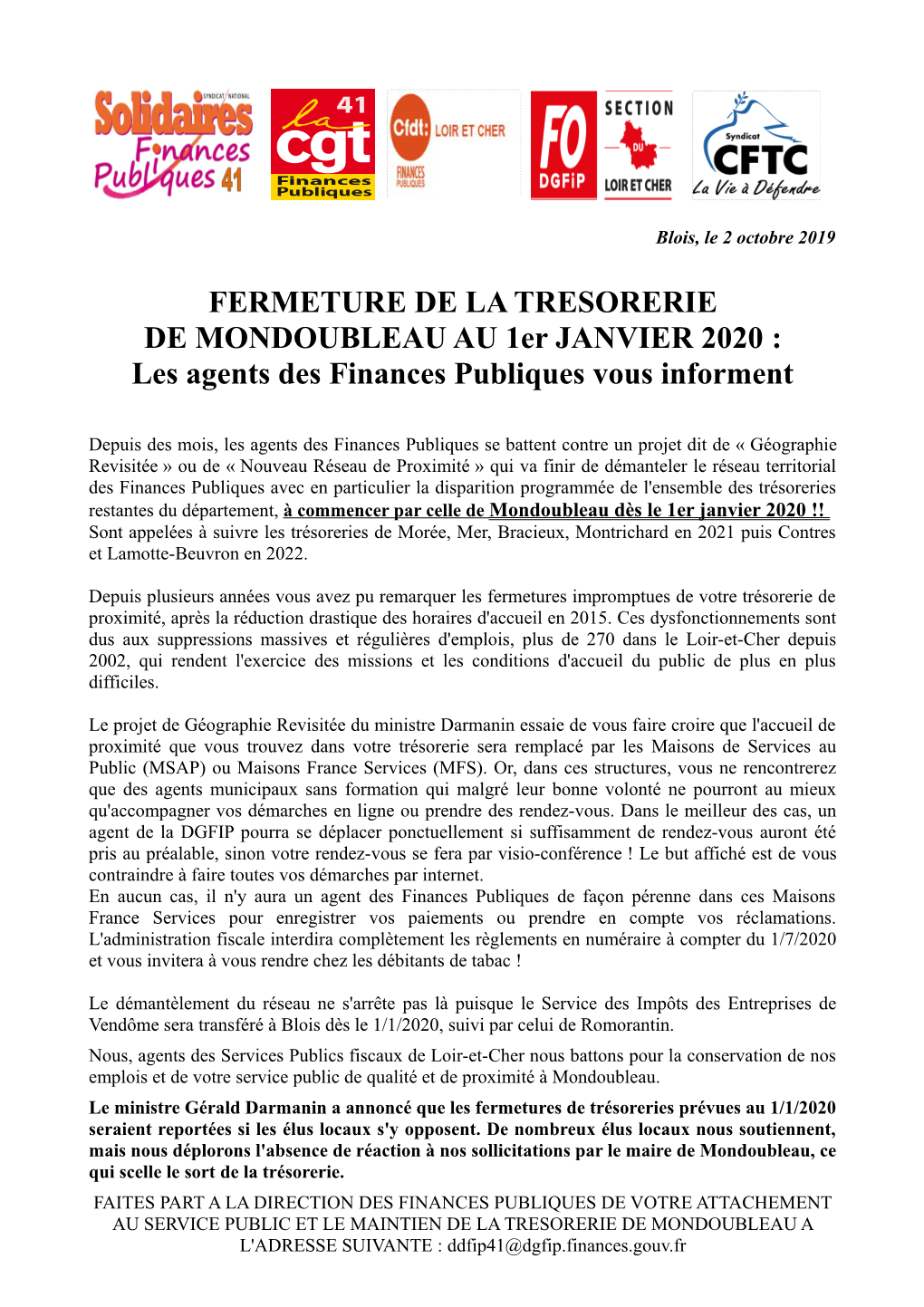 FERMETURE DE LA TRESORERIE DE MONDOUBLEAU AU 1Er JANVIER 2020 : Les Agents Des Finances Publiques Vous Informent