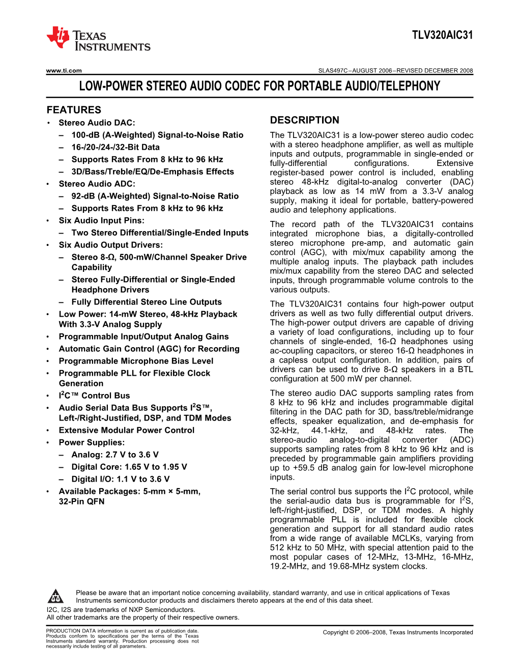 Low Power Stereo Audio Codec for Portable Audio/Telephony Datasheet