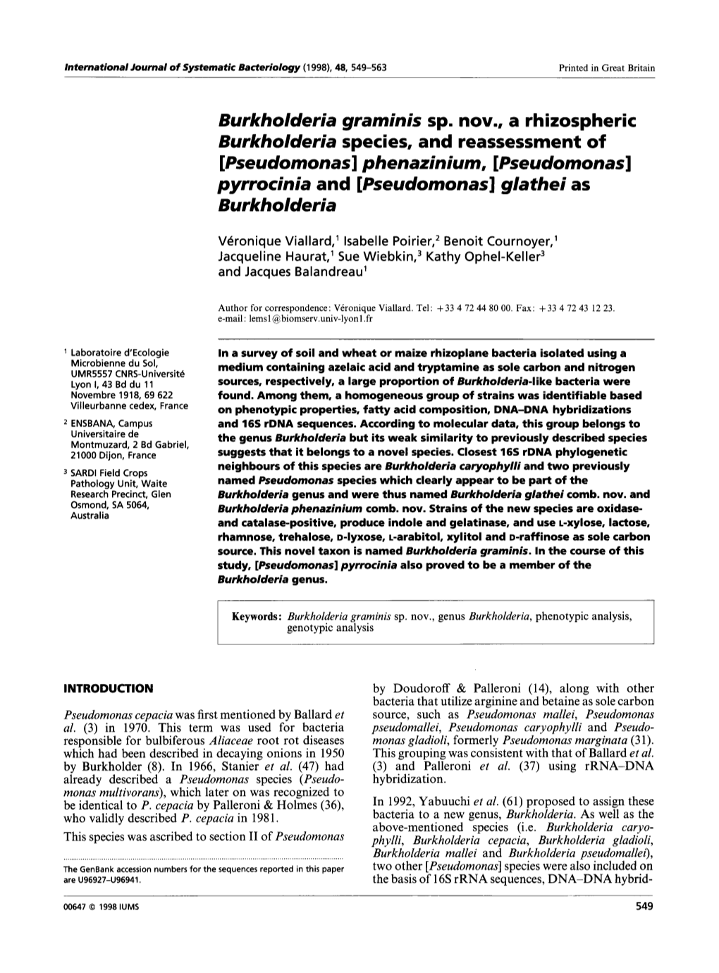Pseudomonas]Phenazinium, [Pseudomonas] Pyrrocinia and [Pseudomonas] Glathei As Burkholderia