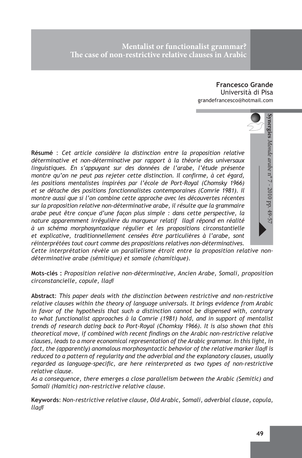 The Case of Non-Restrictive Relative Clauses in Arabic