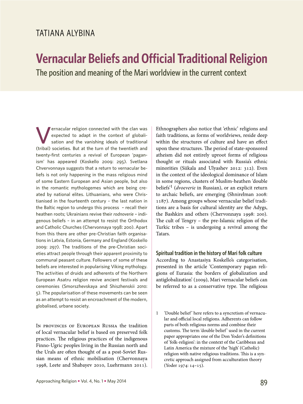 Vernacular Beliefs and Official Traditional Religion the Position and Meaning of the Mari Worldview in the Current Context