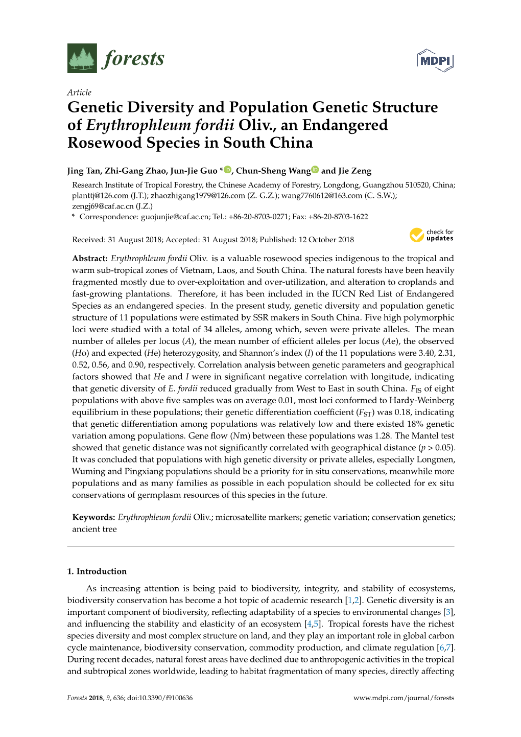 Genetic Diversity and Population Genetic Structure of Erythrophleum Fordii Oliv., an Endangered Rosewood Species in South China