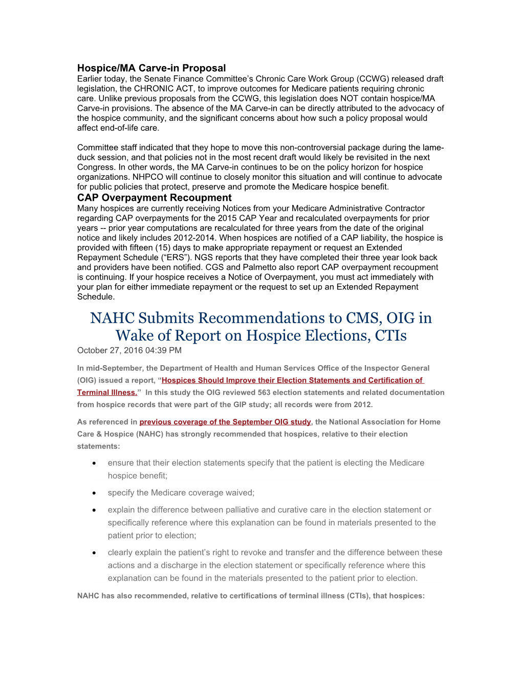 NAHC Submits Recommendations to CMS, OIG in Wake of Report on Hospice Elections, Ctis
