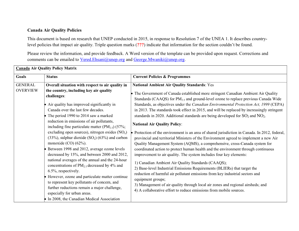 Canada Air Quality Policies This Document Is Based on Research That UNEP Conducted in 2015, in Response to Resolution 7 of the UNEA 1