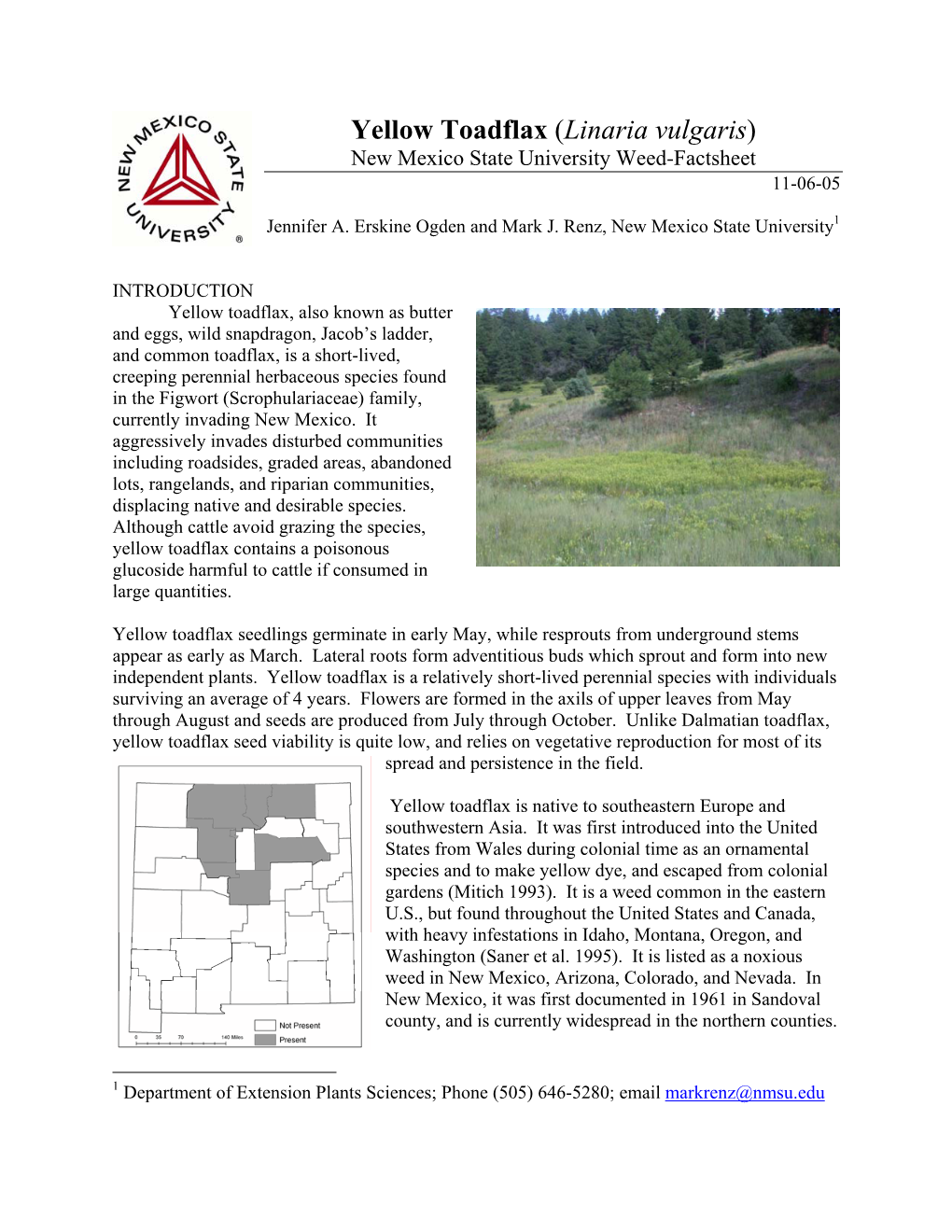 Yellow Toadflax (Linaria Vulgaris) New Mexico State University Weed-Factsheet 11-06-05