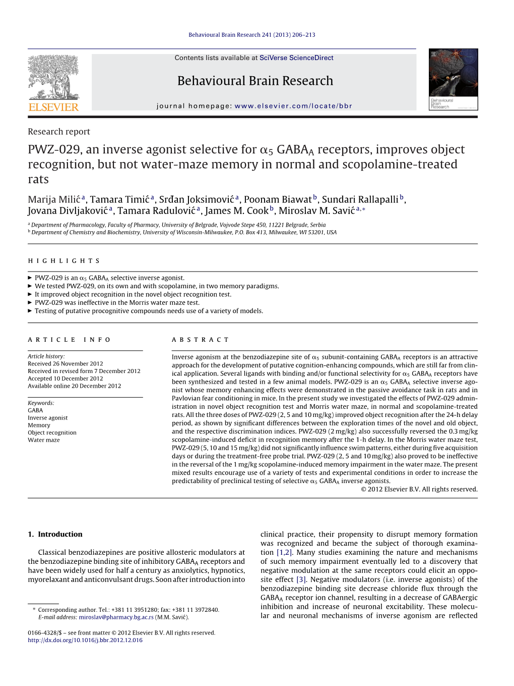 PWZ-029, an Inverse Agonist Selective for Α5 GABAA Receptors, Improves