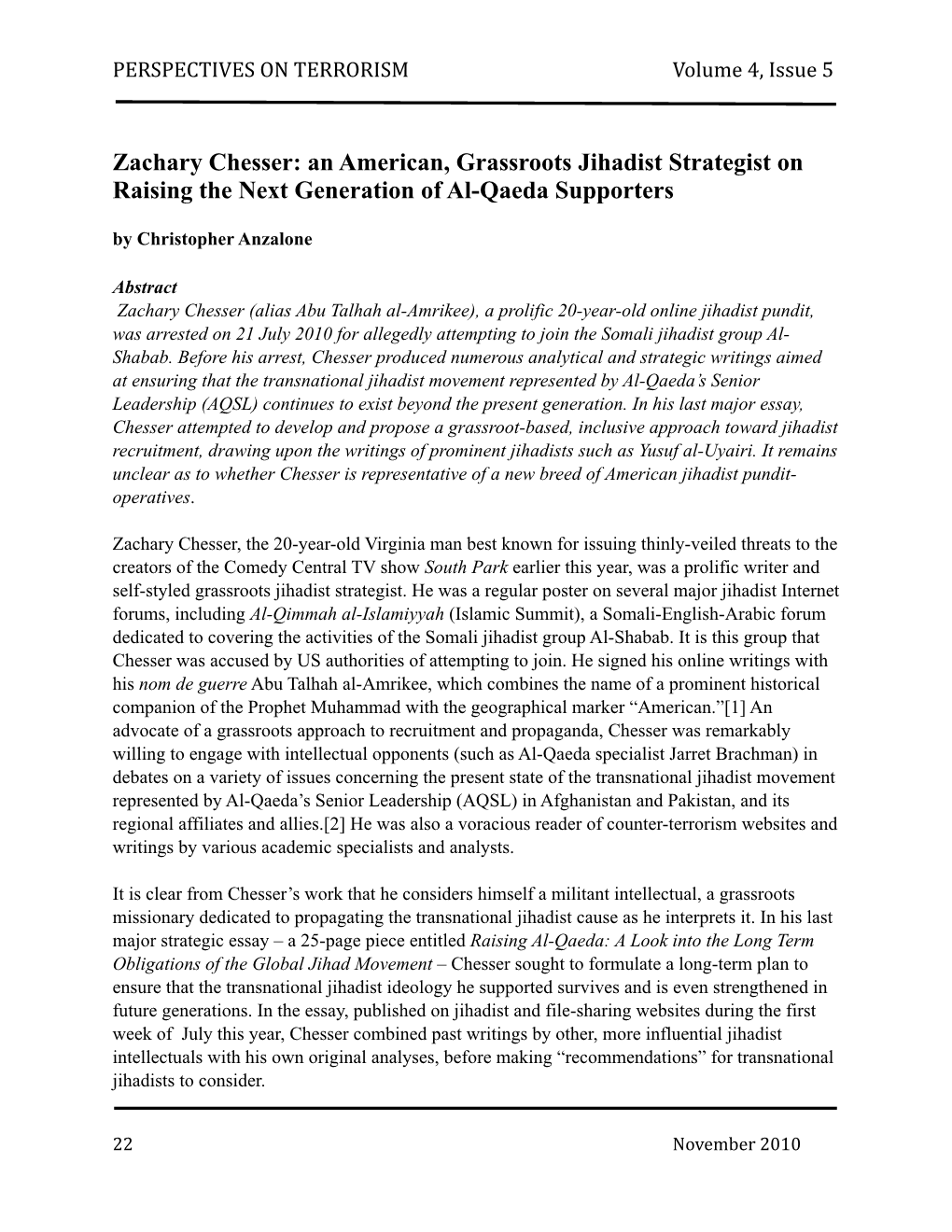 Zachary Chesser: an American, Grassroots Jihadist Strategist on Raising the Next Generation of Al-Qaeda Supporters by Christopher Anzalone