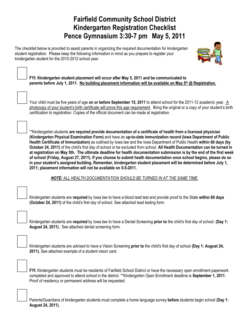 Fairfield Community School District Kindergarten Registration Checklist Pence Gymnasium 3:30-7 Pm May 5, 2011