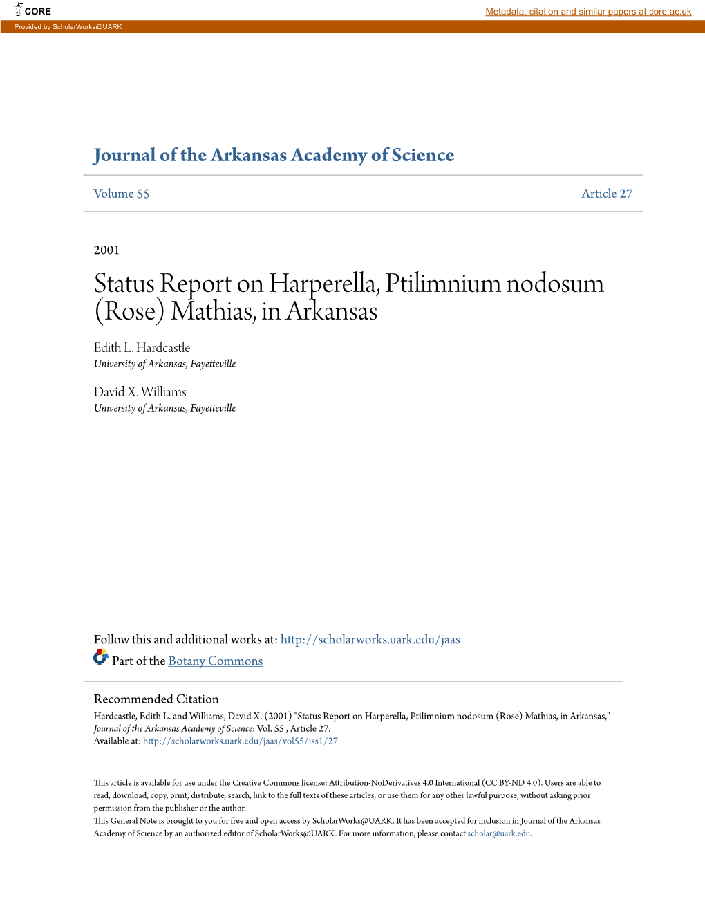 Status Report on Harperella, Ptilimnium Nodosum (Rose) Mathias, in Arkansas Edith L