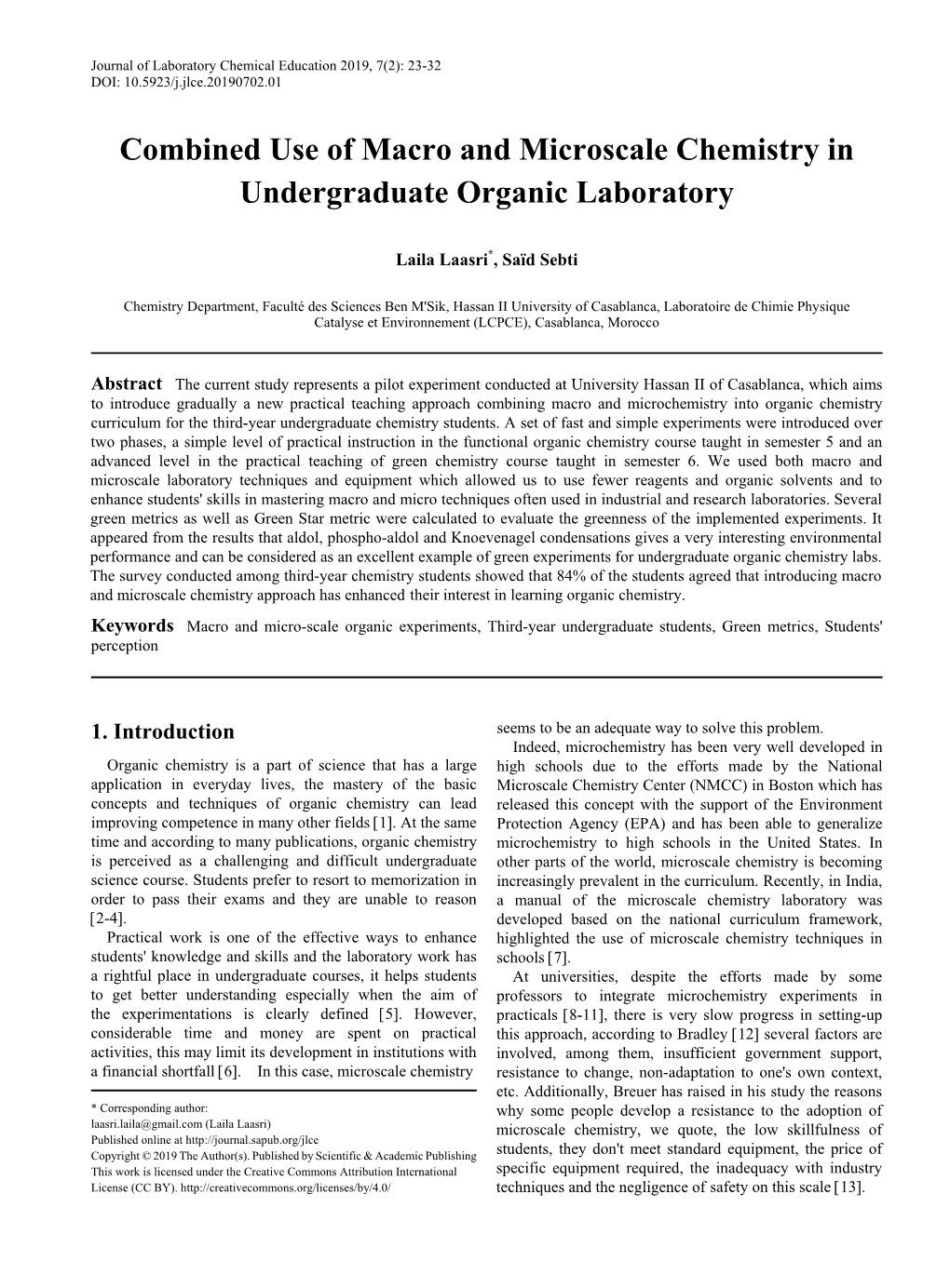 Macro and Micro-Scale Organic Experiments, Third-Year Undergraduate Students, Green Metrics, Students' Perception