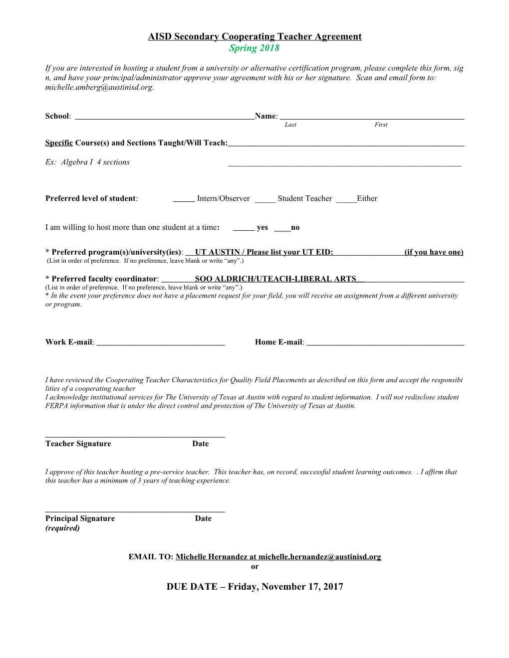 Austin Elementary Cooperating Teacher Application/Agreement
