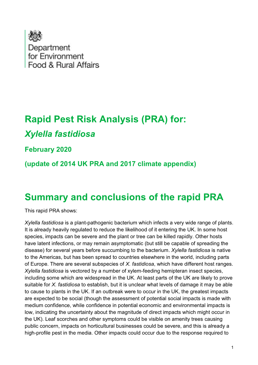 Rapid Pest Risk Analysis (PRA) For: Xylella Fastidiosa