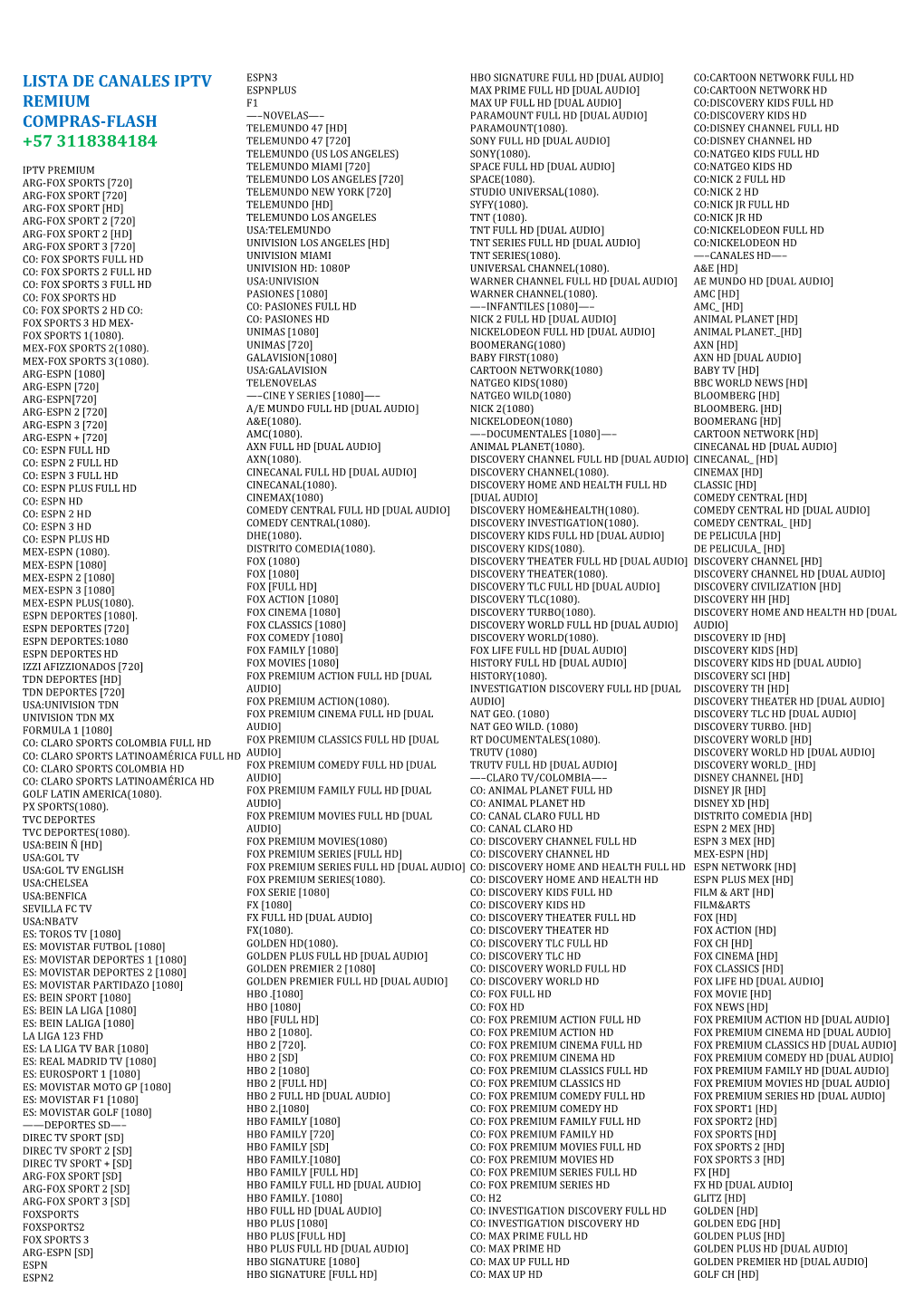 Lista De Canales Iptv Remium Compras-Flash +57 3118384184