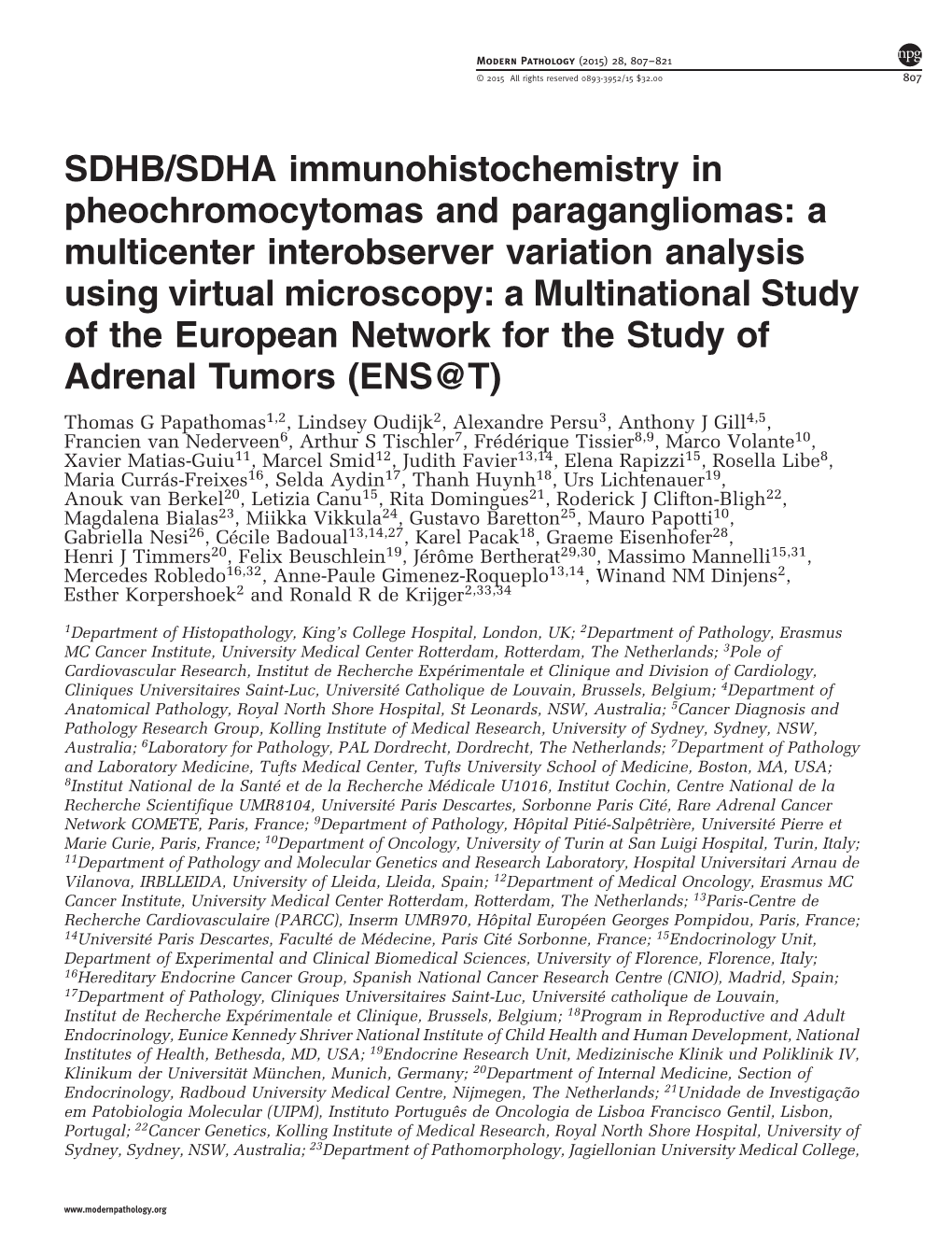 SDHA Immunohistochemistry in Pheochromocytomas And