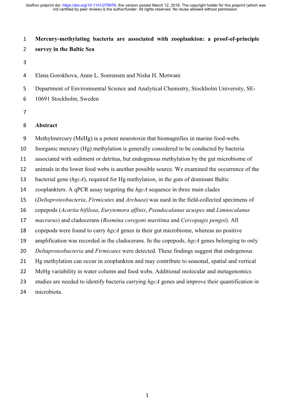 Mercury-Methylating Bacteria Are Associated with Zooplankton: a Proof-Of-Principle 2 Survey in the Baltic Sea