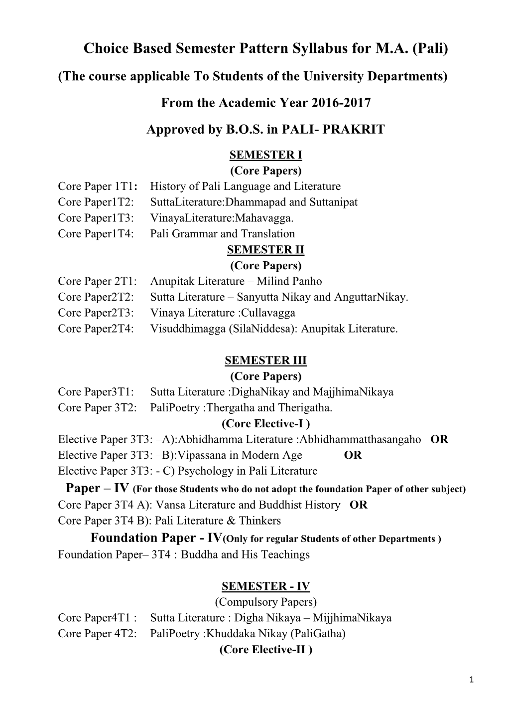 Pali) (The Course Applicable to Students of the University Departments) from the Academic Year 2016-2017 Approved by B.O.S