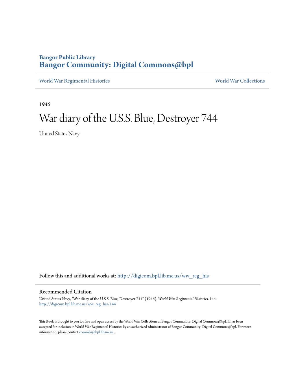 War Diary of the U.S.S. Blue, Destroyer 744 United States Navy