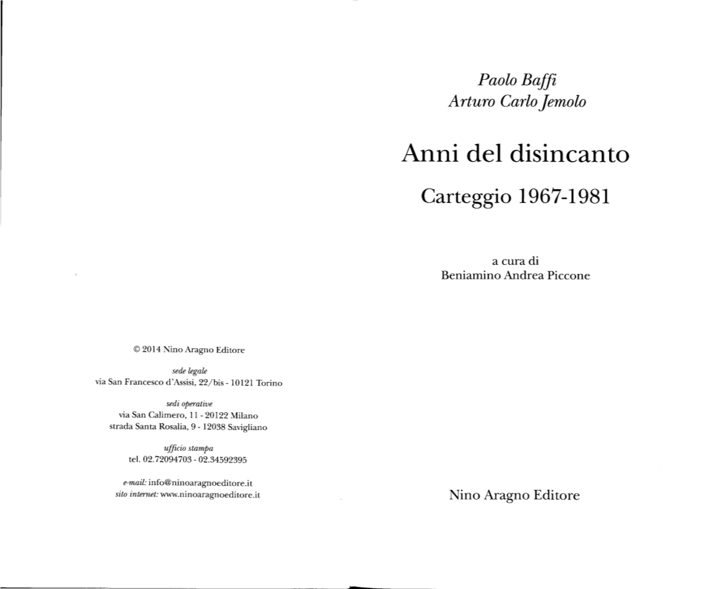 Paolo Baffi Arturo Carlo ]Emolo Anni Del Disincanto
