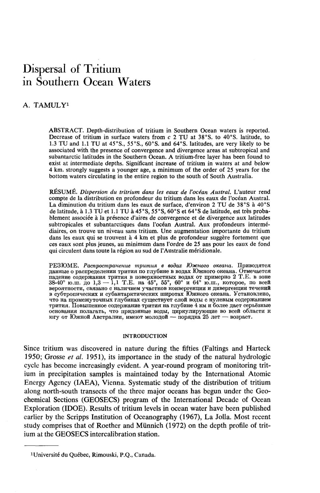 Dispersal of Tritium in Southern Ocean Waters