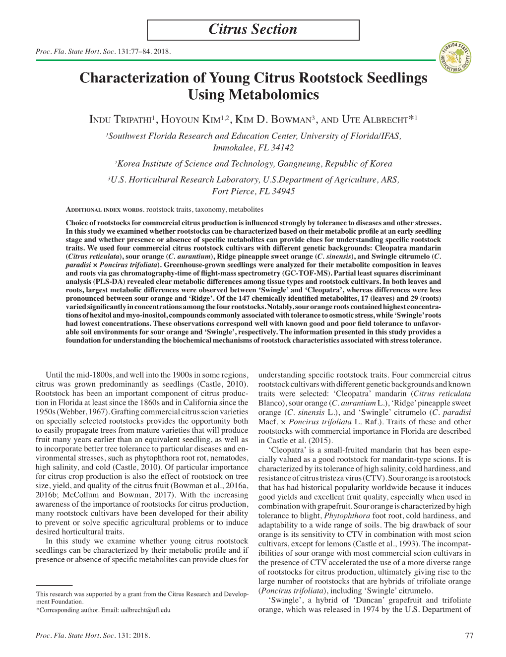 Citrus Section Characterization of Young Citrus Rootstock Seedlings