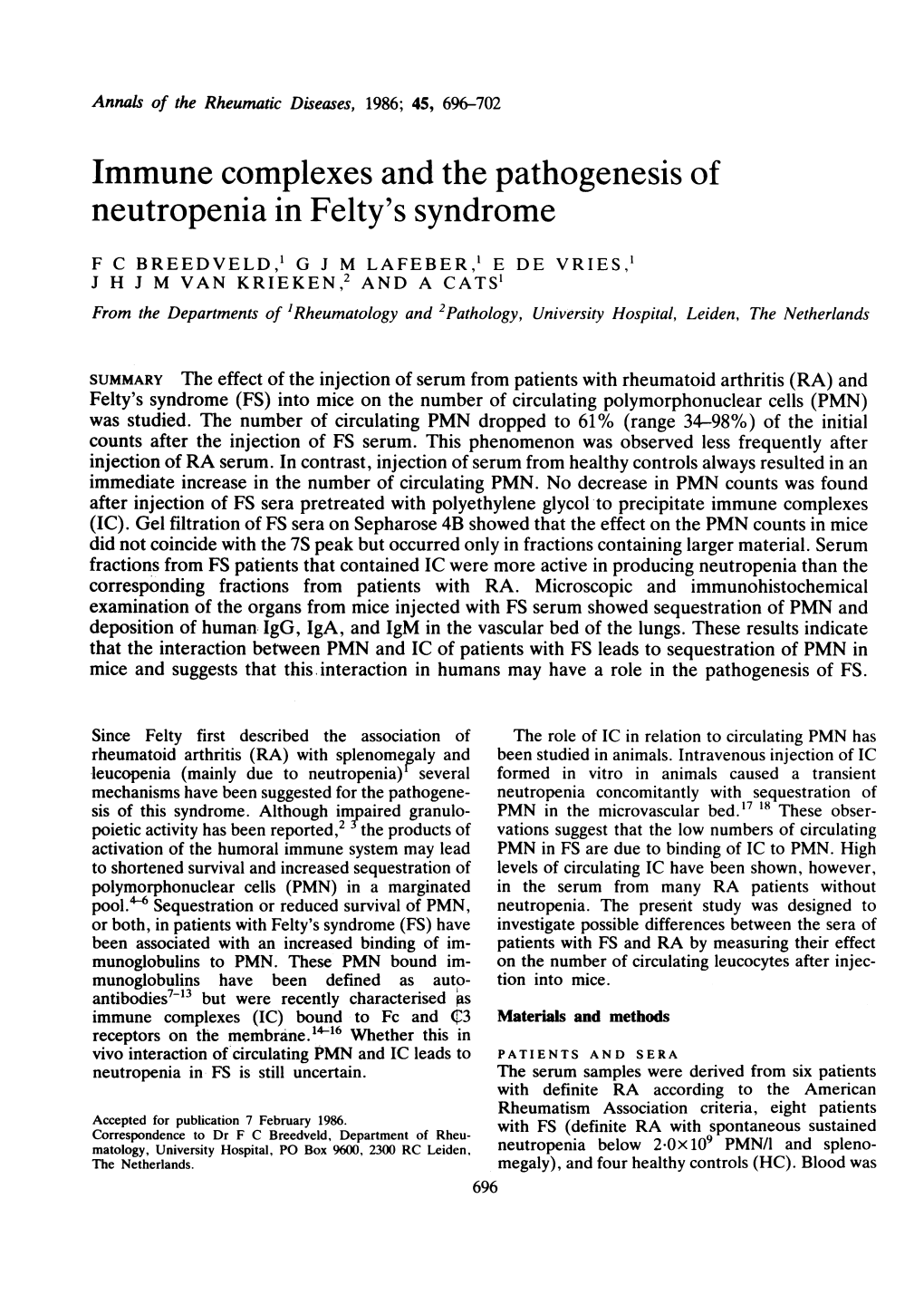 Immune Complexes and the Pathogenesis of Neutropenia in Felty's Syndrome