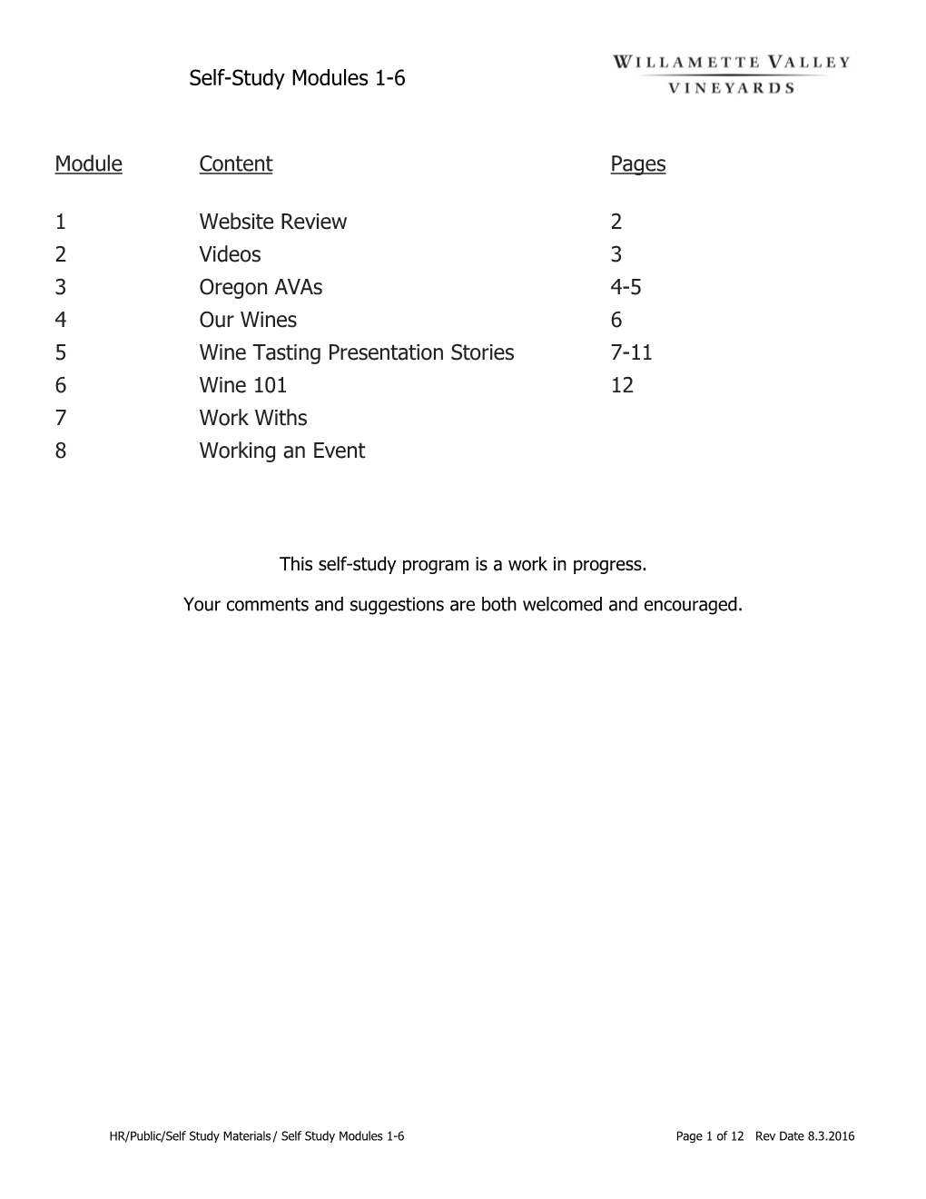 Self-Study Modules 1-6 Module Content Pages 1 Website Review 2 2 Videos 3 3 Oregon Avas 4-5 4 Our Wines 6 5 Wine Tasting Present