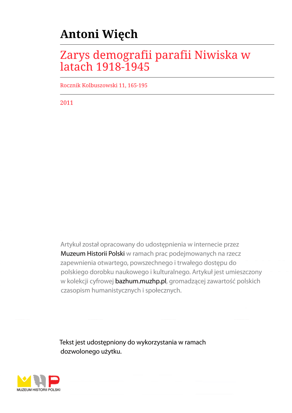 Zarys Demografii Parafii Niwiska W Latach 1918-1945