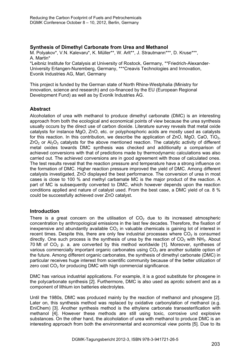 Synthesis of Dimethyl Carbonate from Urea and Methanol M