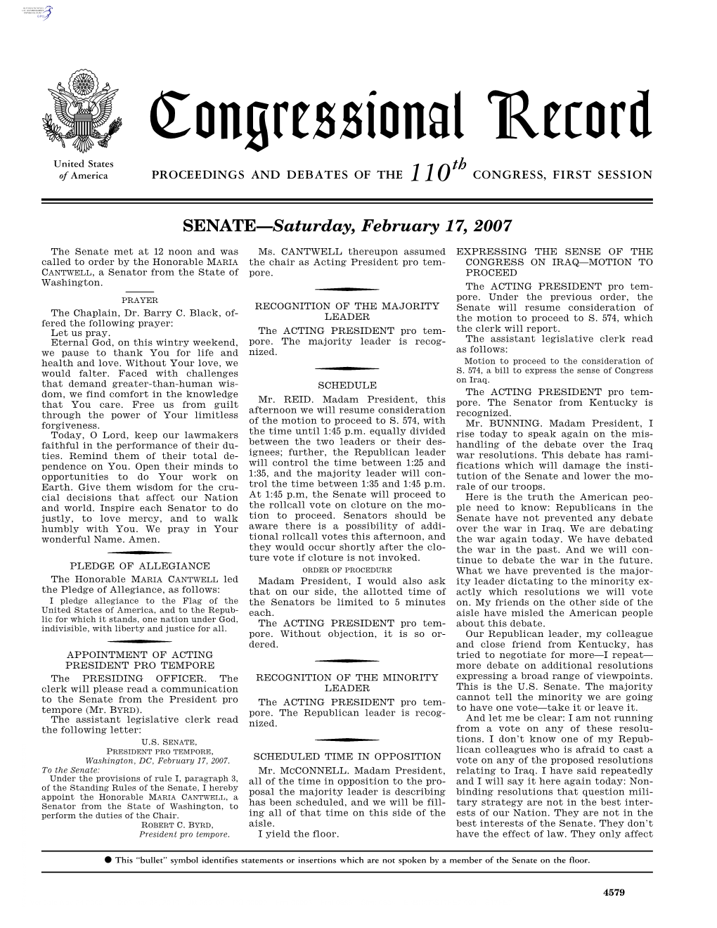 Congressional Record United States Th of America PROCEEDINGS and DEBATES of the 110 CONGRESS, FIRST SESSION