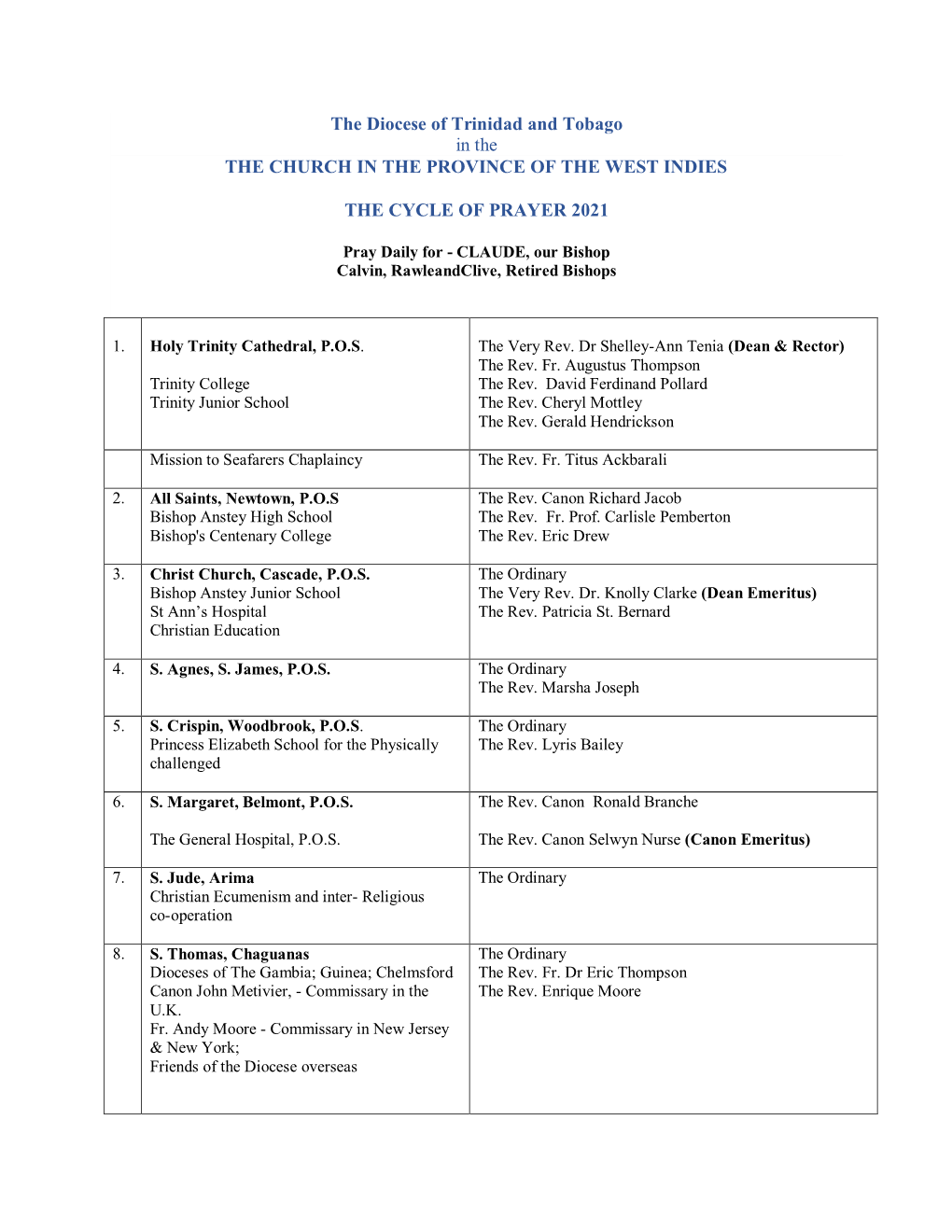 Diocesan Cycle of Prayer 2021