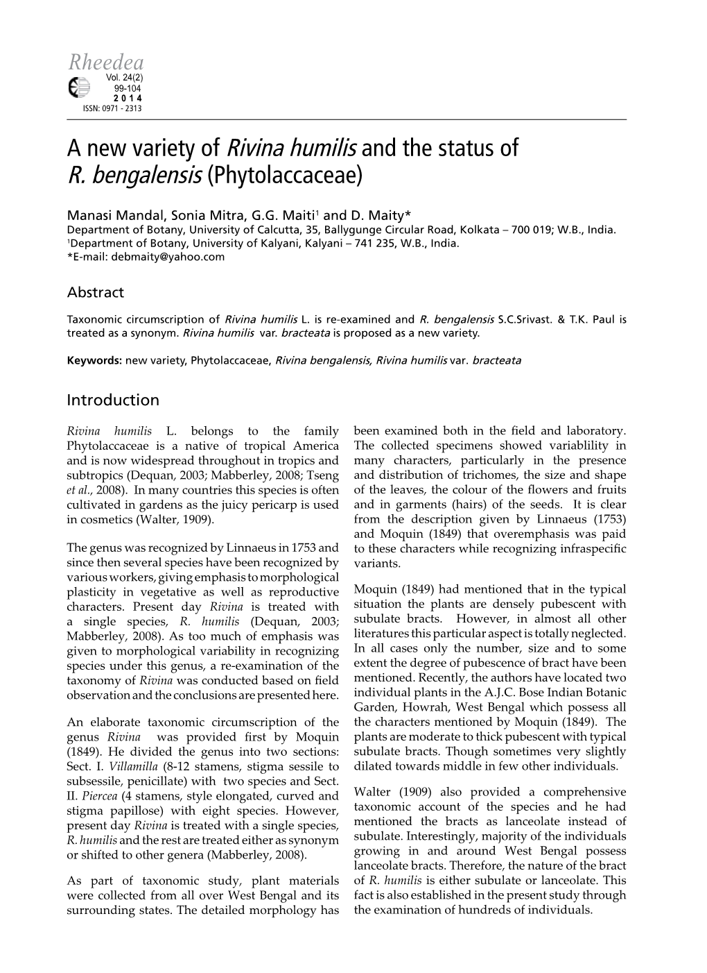 A New Variety of Rivina Humilis and the Status of R. Bengalensis (Phytolaccaceae)