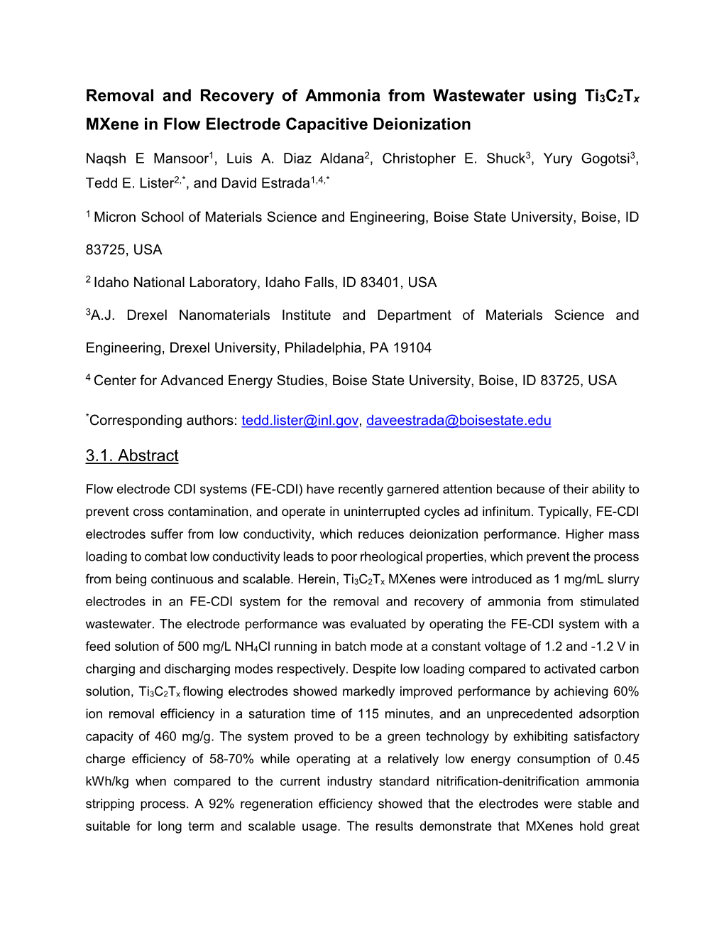 Removal and Recovery of Ammonia from Wastewater Using Ti3c2tx Mxene in Flow Electrode Capacitive Deionization