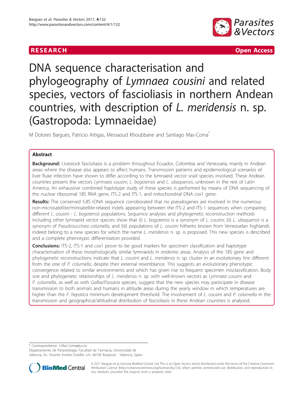 DNA Sequence Characterisation and Phylogeography of Lymnaea Cousini and Related Species, Vectors of Fascioliasis in Northern Andean Countries, with Description of L