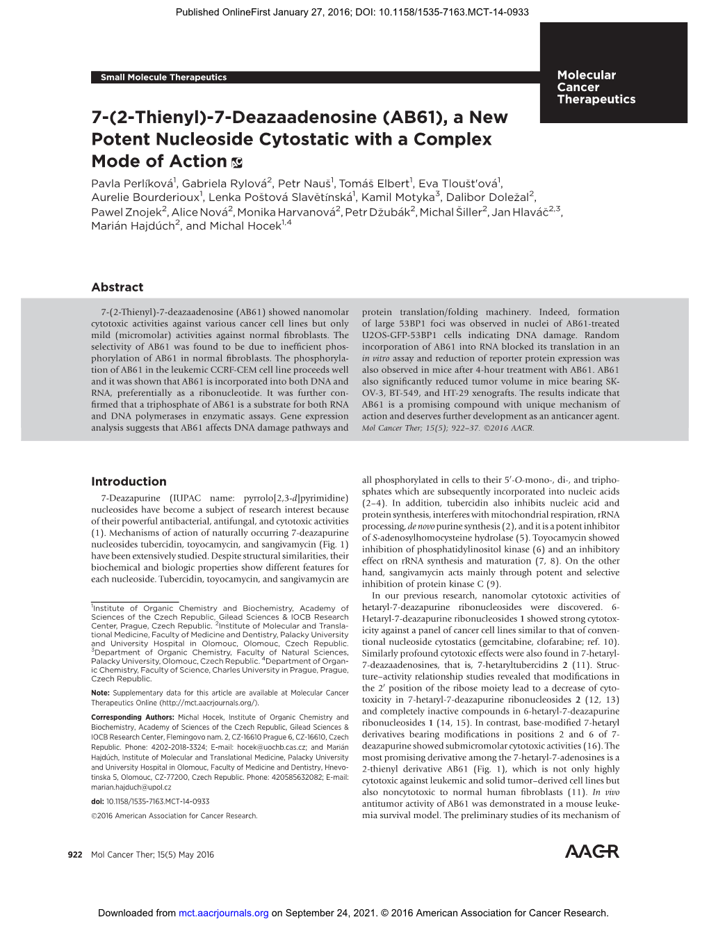 (2-Thienyl)-7-Deazaadenosine (AB61), a New Potent Nucleoside