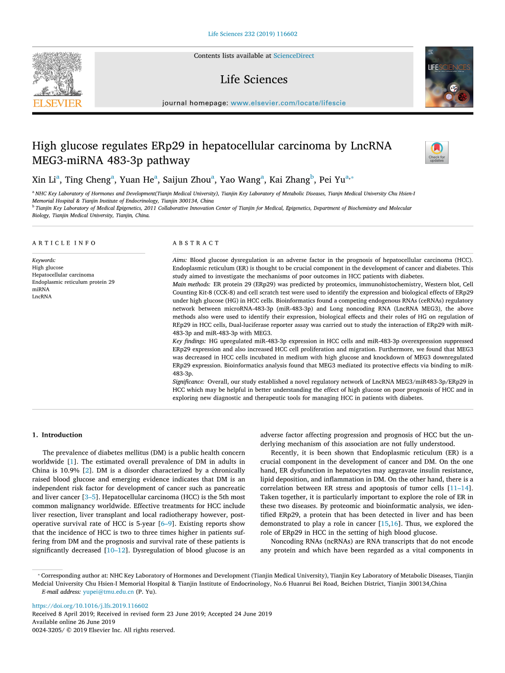 High Glucose Regulates Erp29 in Hepatocellular Carcinoma By