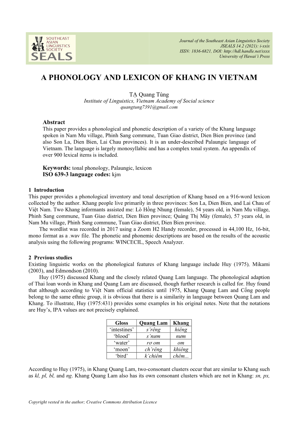 A Phonology and Lexicon of Khang in Vietnam