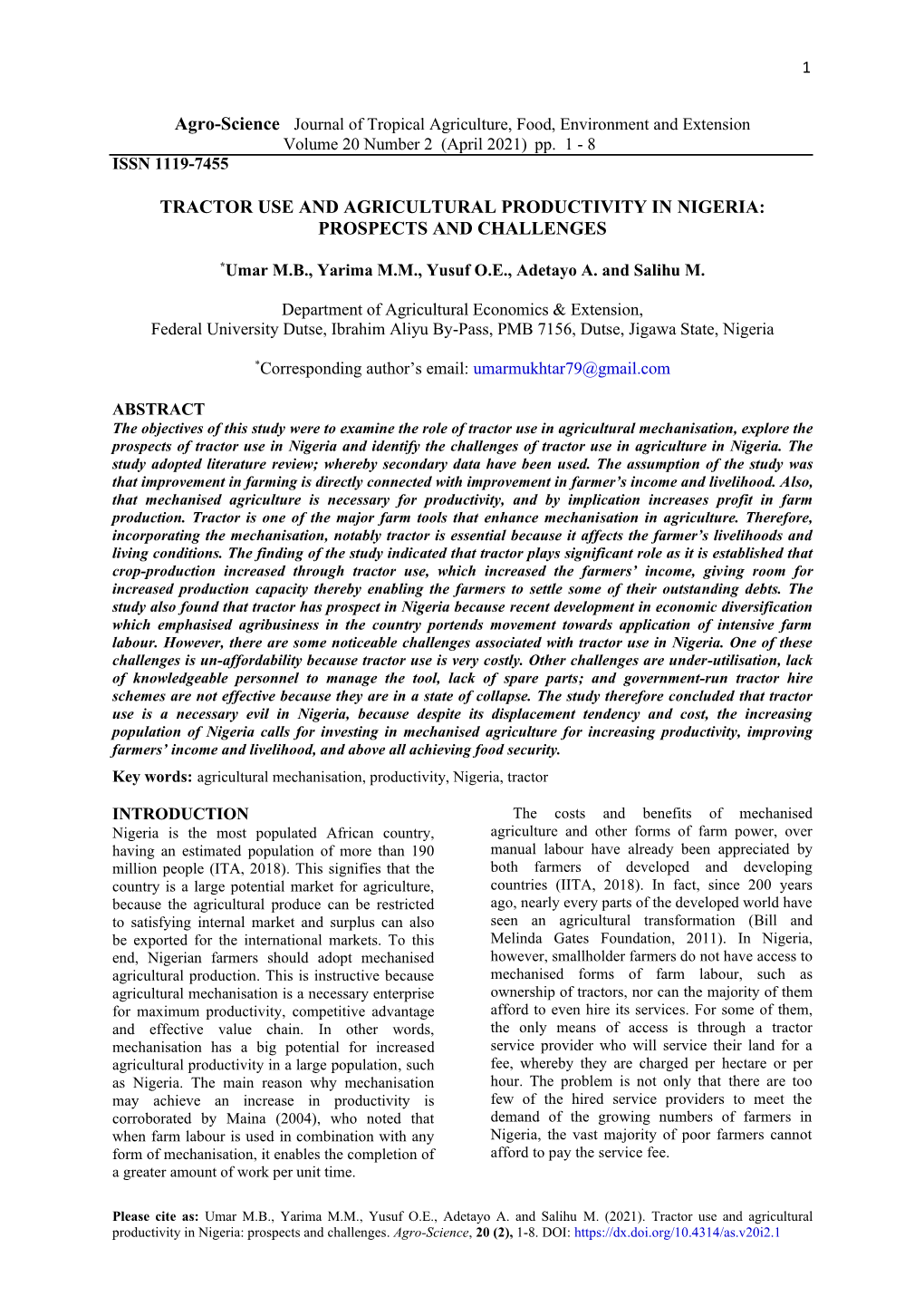 Tractor Use and Agricultural Productivity in Nigeria: Prospects and Challenges