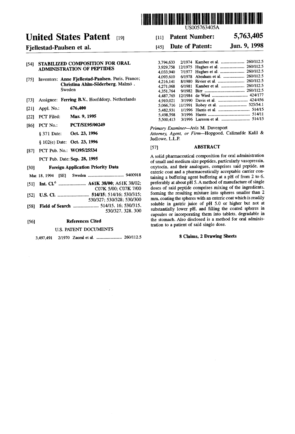 United States Patent (19) 11 Patent Number: 5,763,405 Fjellestad-Paulsen Et Al