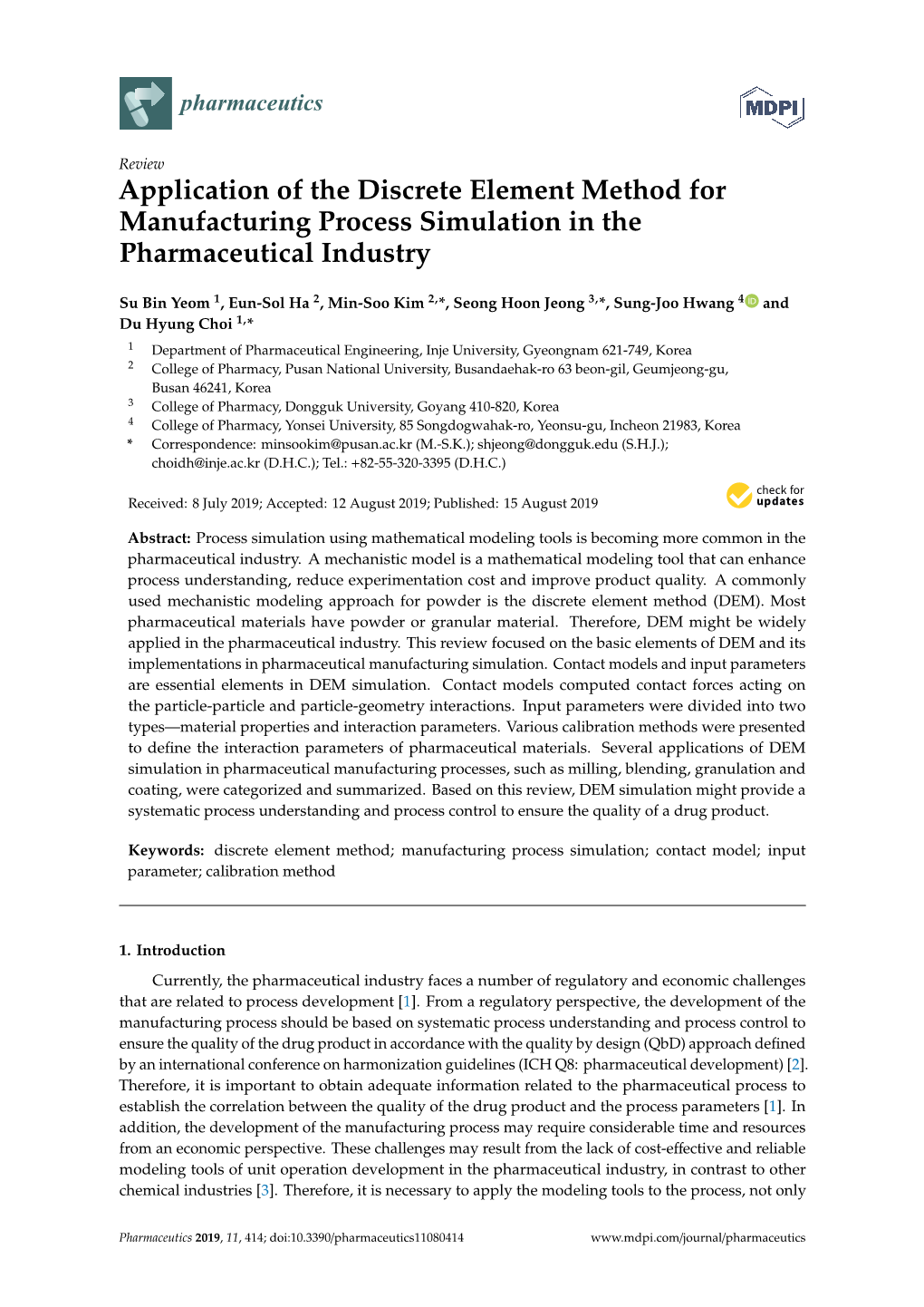 Application of the Discrete Element Method for Manufacturing Process Simulation in the Pharmaceutical Industry