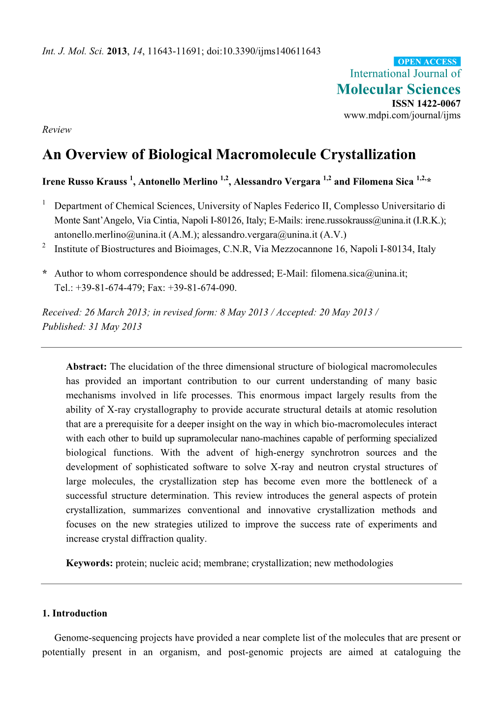 An Overview of Biological Macromolecule Crystallization