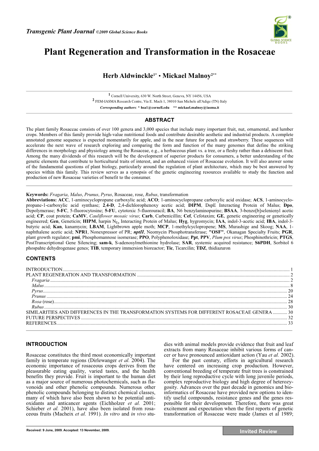 Plant Regeneration and Transformation in the Rosaceae