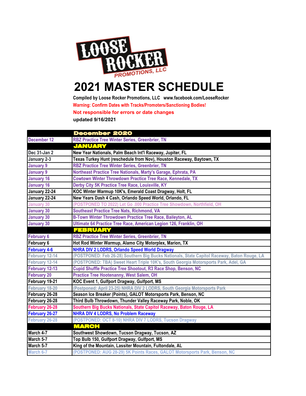 2021 Master Schedule