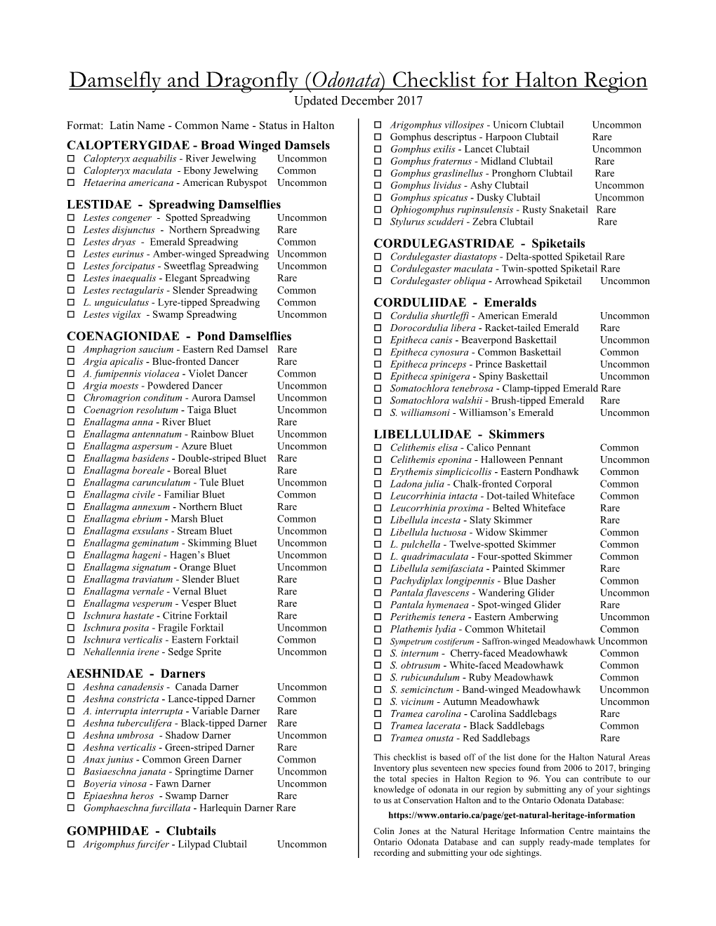 Damselfly and Dragonfly (Odonata) Checklist for Halton Region