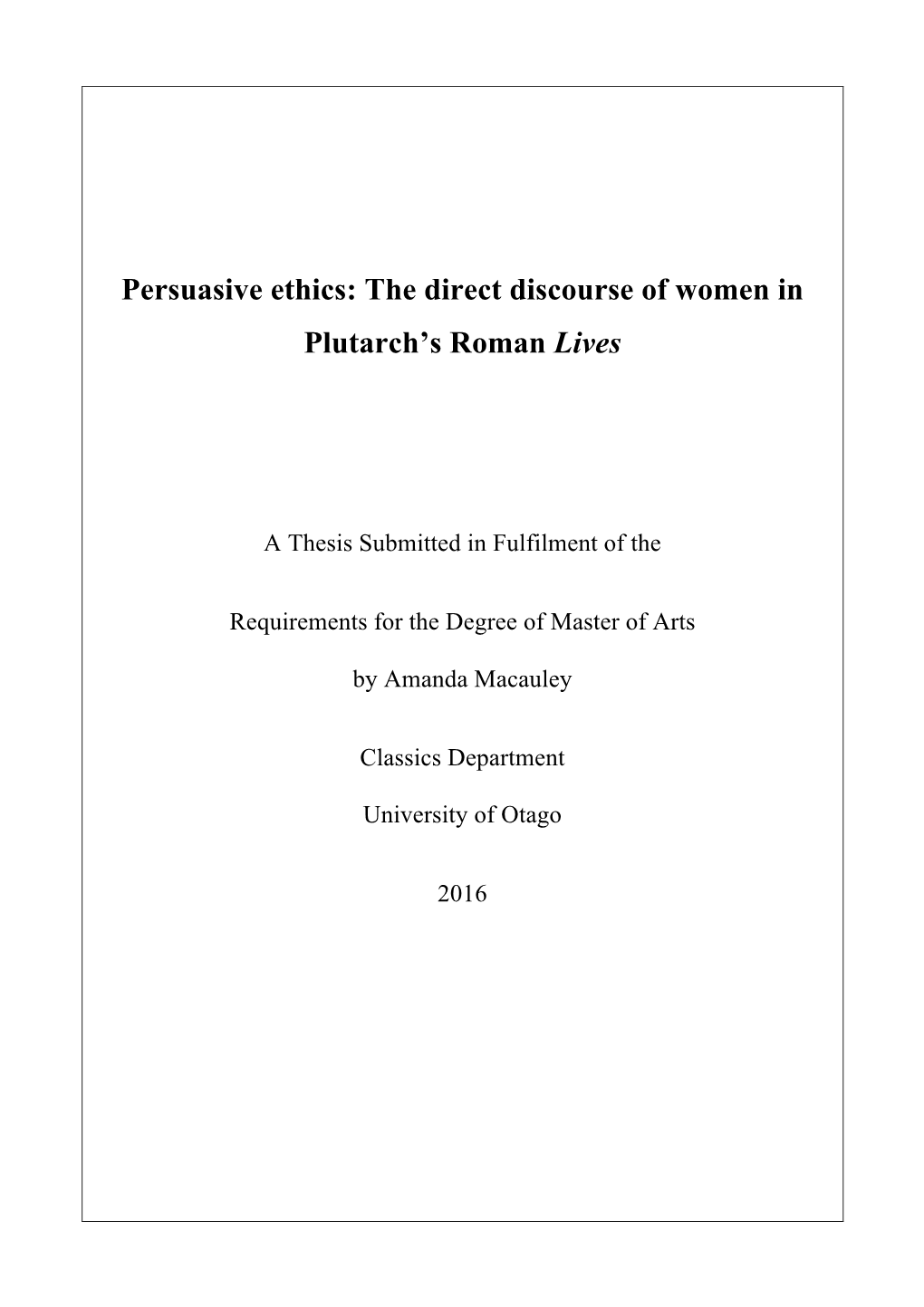 The Direct Discourse of Women in Plutarch's Roman Lives