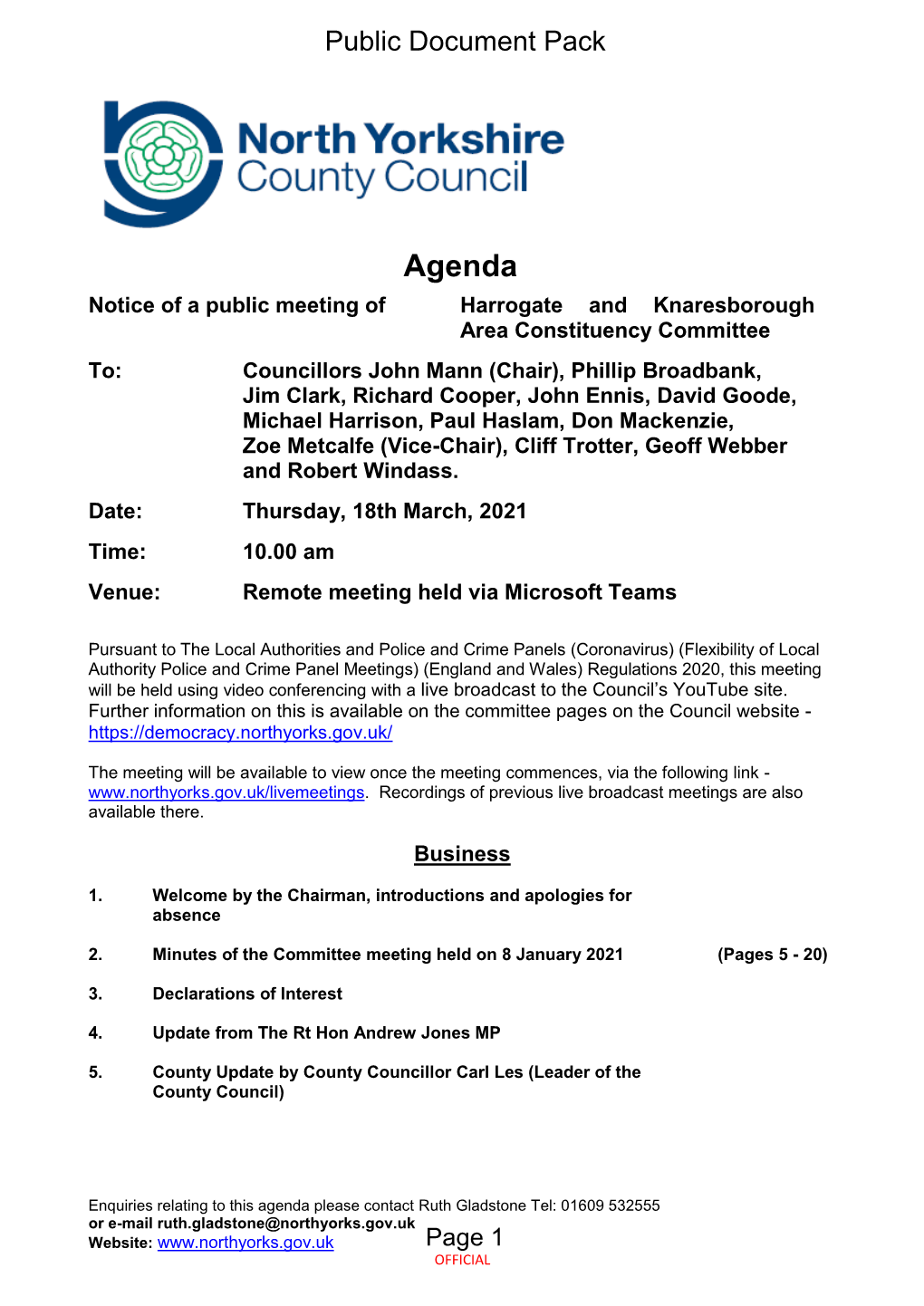 (Public Pack)Agenda Document for Harrogate and Knaresborough Area Constituency Committee, 18/03/2021 10:00