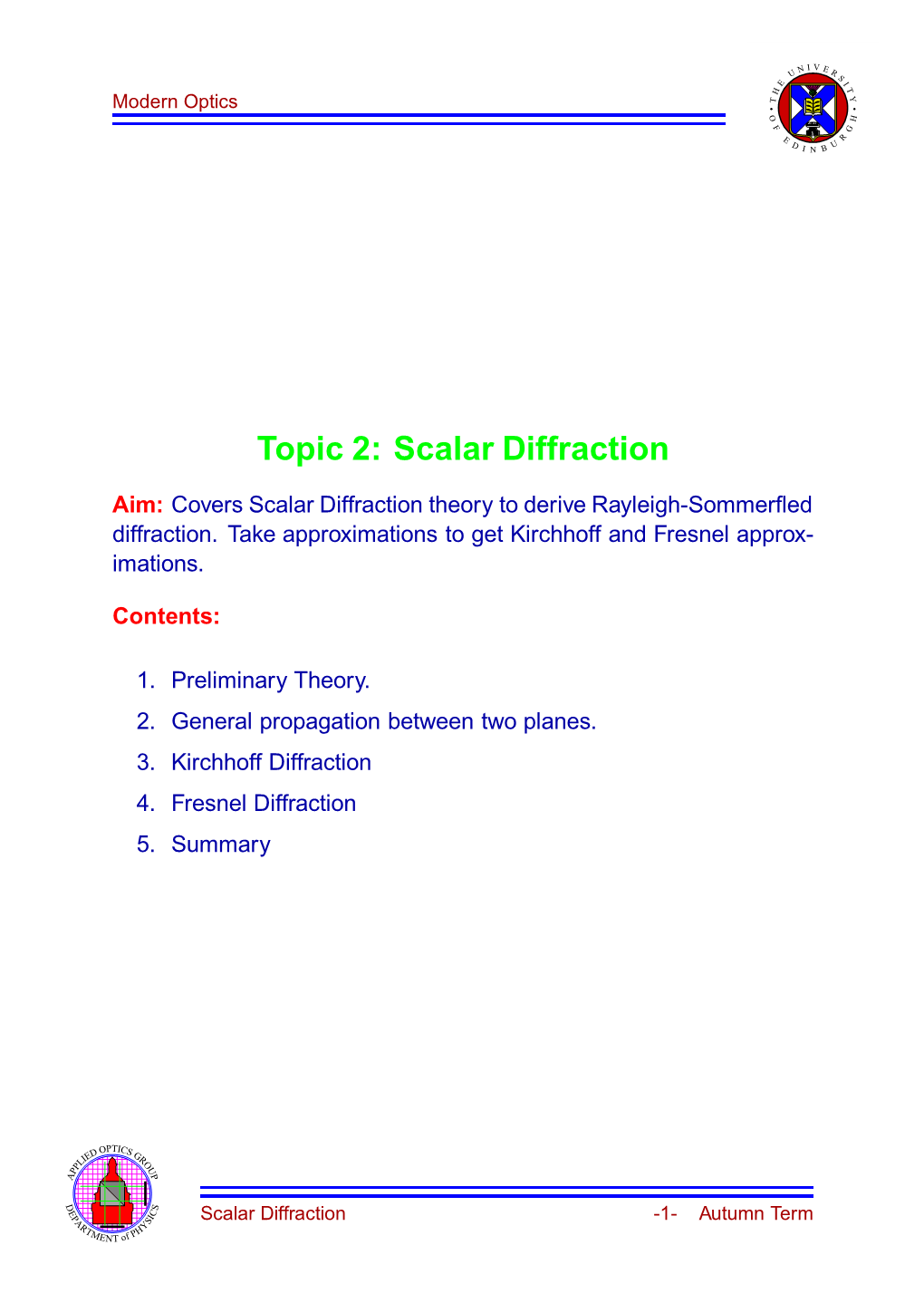 Topic 2: Scalar Diffraction