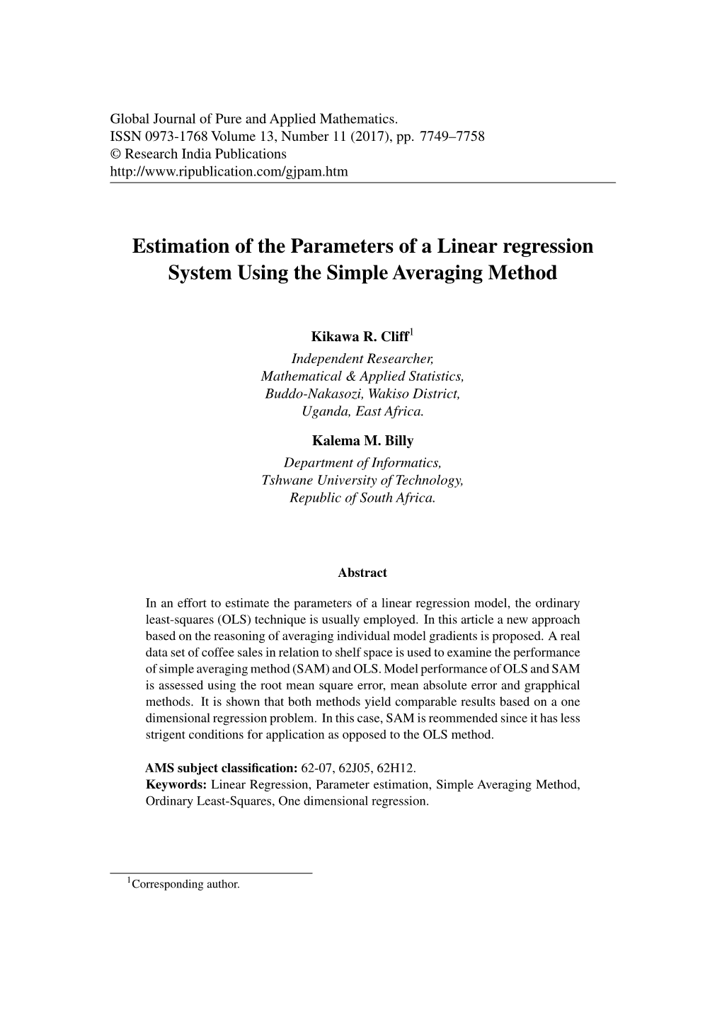 Estimation of the Parameters of a Linear Regression System Using the Simple Averaging Method