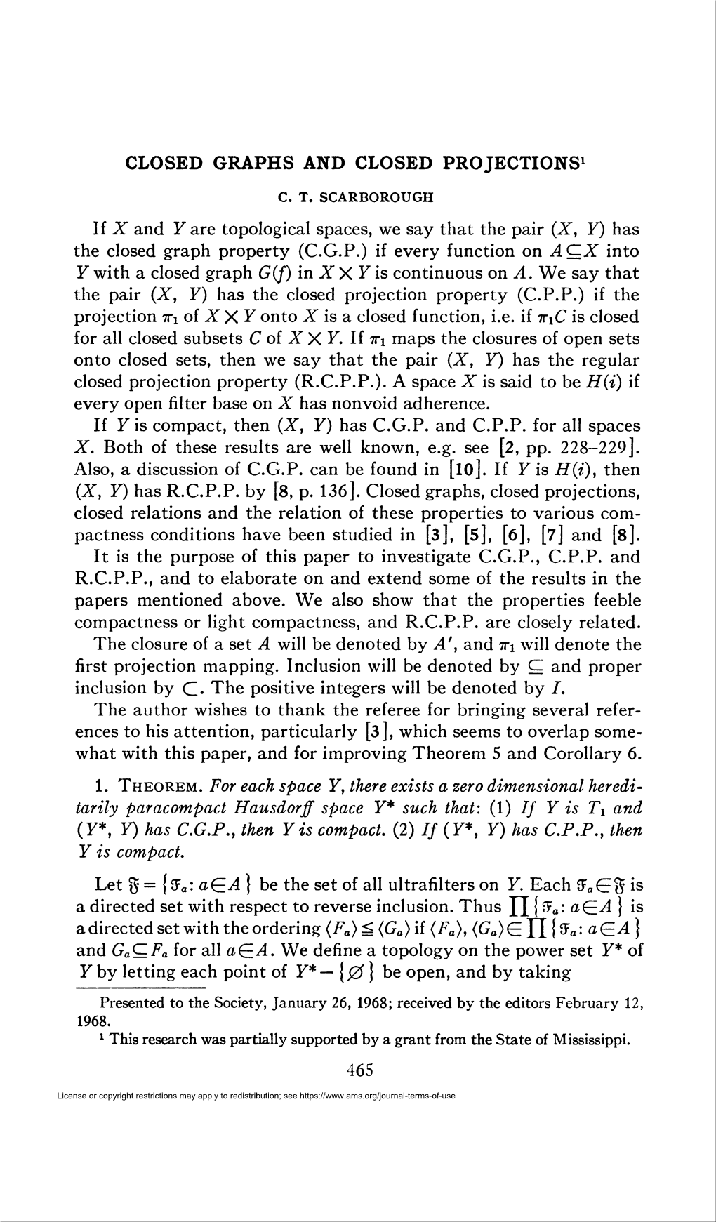 CLOSED GRAPHS and CLOSED PROJECTIONS1 (Y*, Y) Has C.G.P