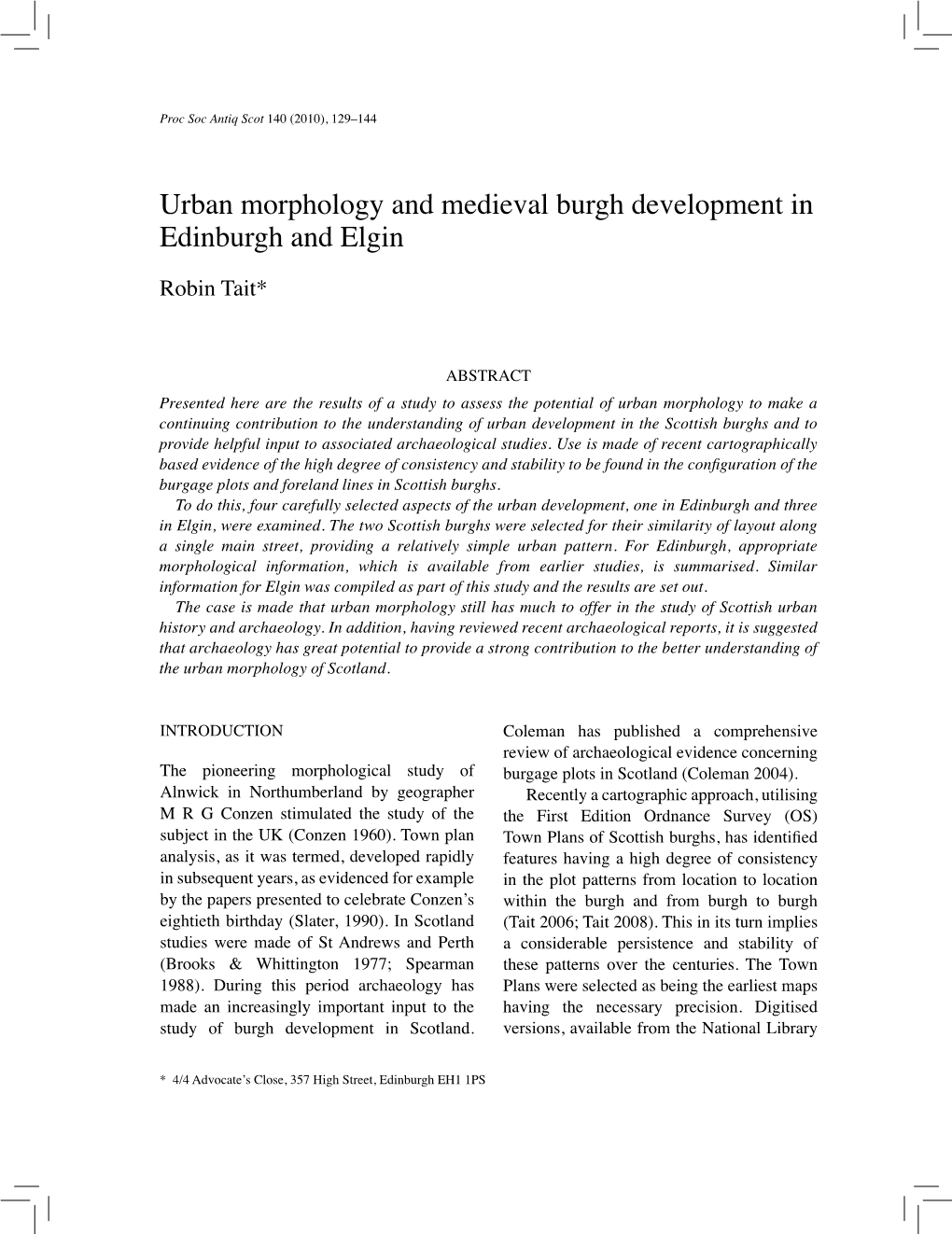 Urban Morphology and Medieval Burgh Development in Edinburgh and Elgin