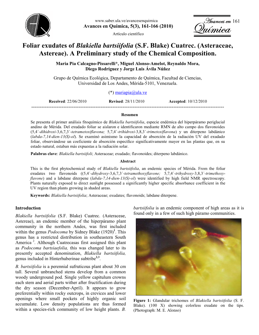 Foliar Exudates of Blakiella Bartsiifolia (S.F